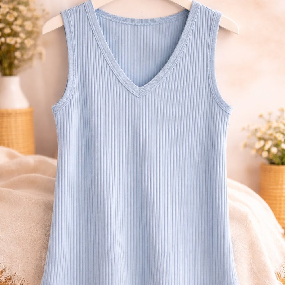 Soft Blue Ribbed V-Neck Tank